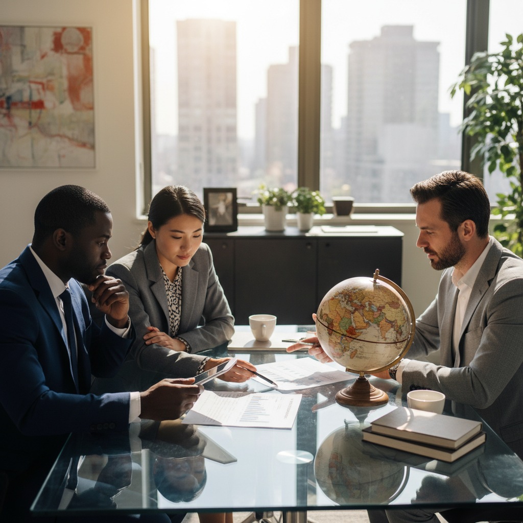A professional, diverse group of financial advisors in a modern office, discussing tax documents and a globe, symbolizing international finance and tax treaties. Photorealistic, high-resolution.