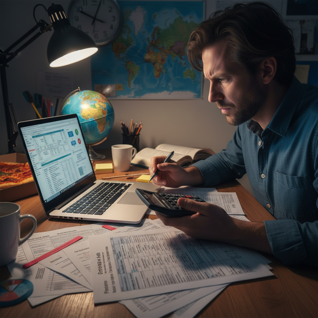A person sitting at a desk, looking stressed while reviewing complex tax forms with a laptop and calculator, representing the challenges of international tax compliance. Photorealistic, intricate details.