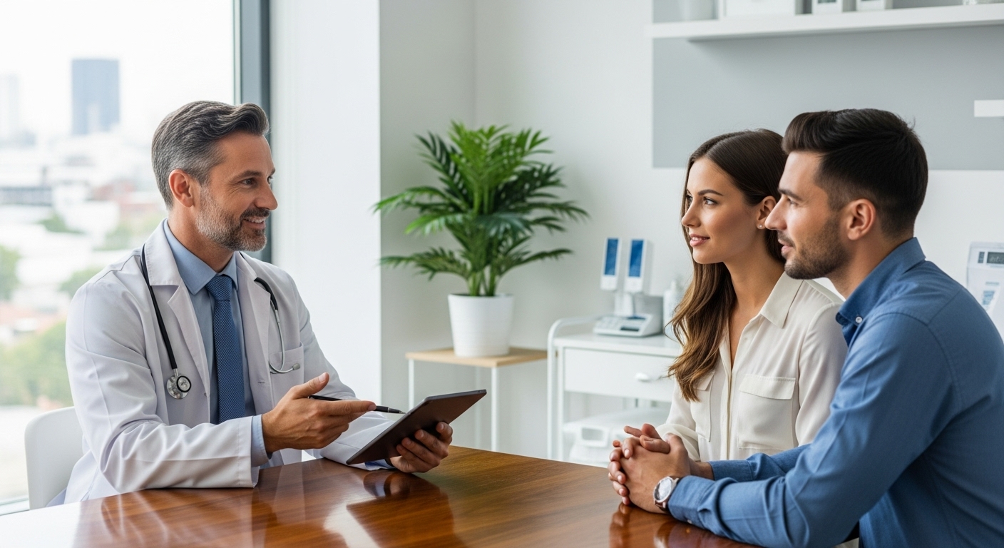 A professional-looking doctor in a modern, clean clinic explaining treatment options to an expat couple, emphasizing trust and clarity in communication. Photorealistic.