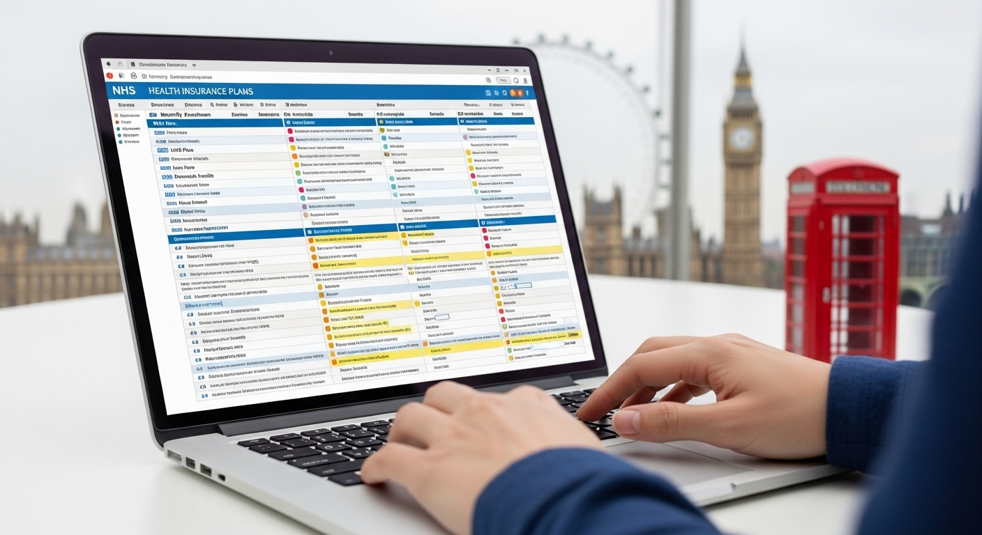 A person's hands typing on a laptop, displaying a comparative chart of different health insurance plans on the screen, with UK landmarks subtly blurred in the background, conveying detailed research. Photorealistic.