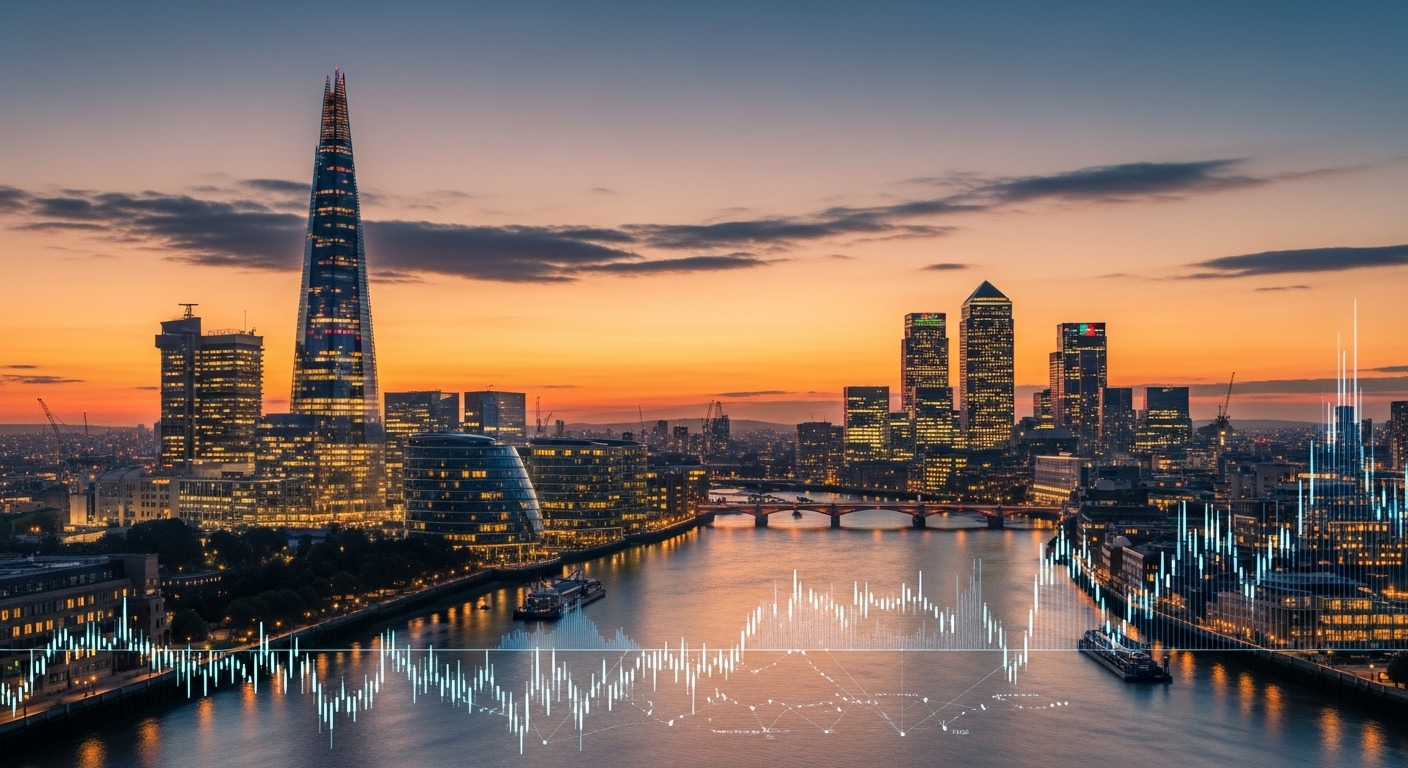 A wide shot of the London skyline at sunset, with iconic buildings like The Shard and Canary Wharf prominently featured, financial charts and graphs subtly overlaid, photorealistic.