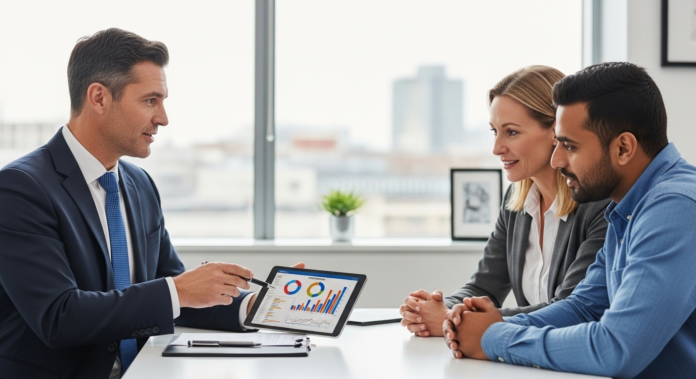 A professional financial advisor in a modern office, dressed in a sharp suit, explaining investment charts on a tablet to a diverse couple, one person is British, the other is from a different background, looking engaged and understanding. Photorealistic, clean lighting.