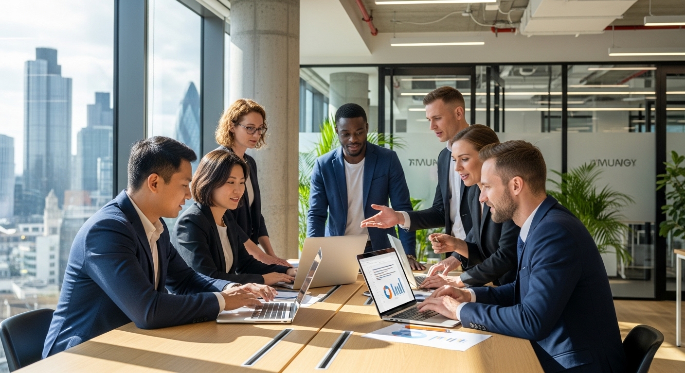 A diverse group of expat entrepreneurs in a modern, light-filled office space in London, looking at laptops and discussing business plans, professional and collaborative atmosphere, photorealistic