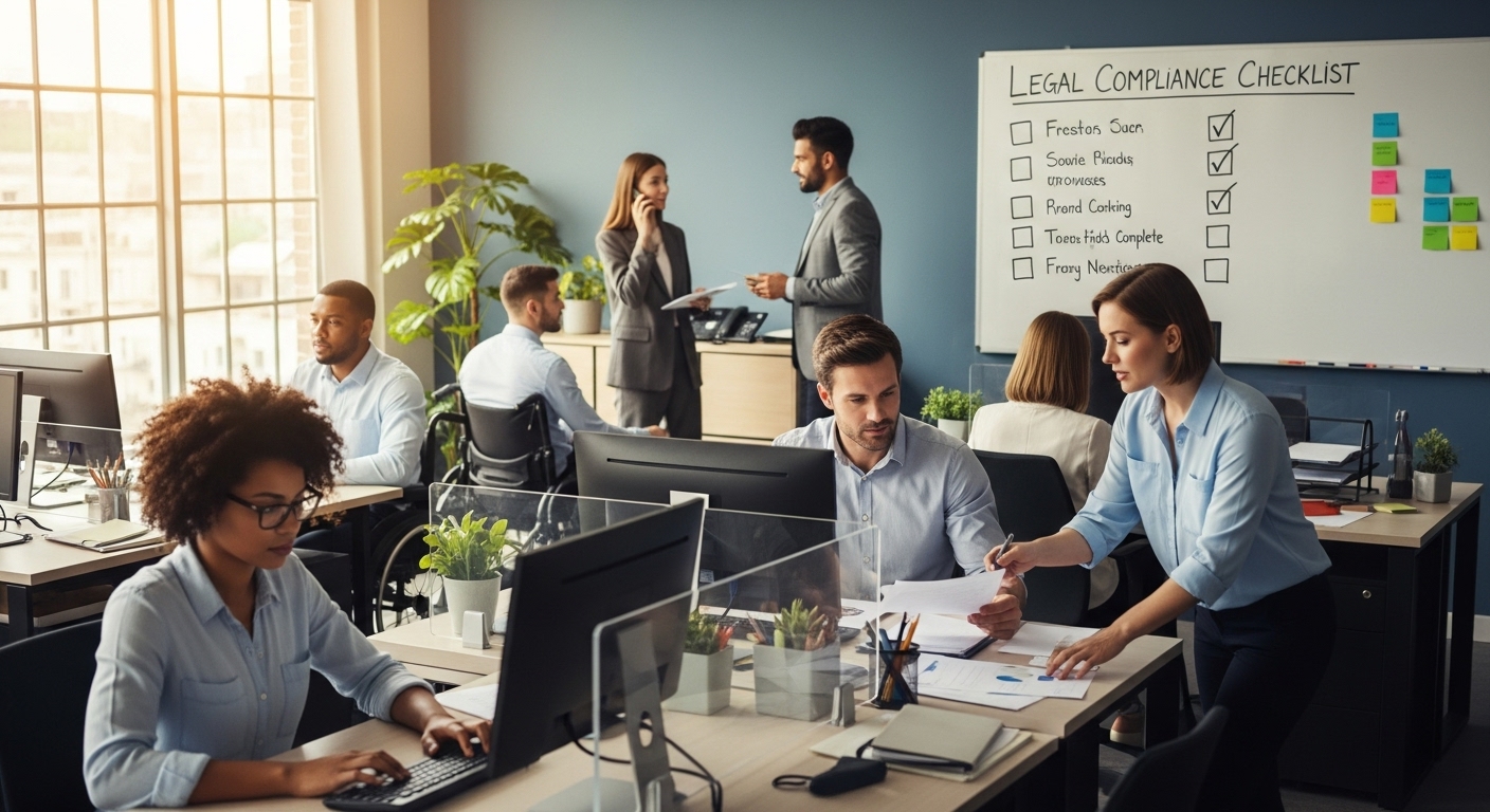 A diverse team of employees working diligently in an open-plan office, with a legal compliance checklist on a whiteboard in the background, professional and organized, photorealistic