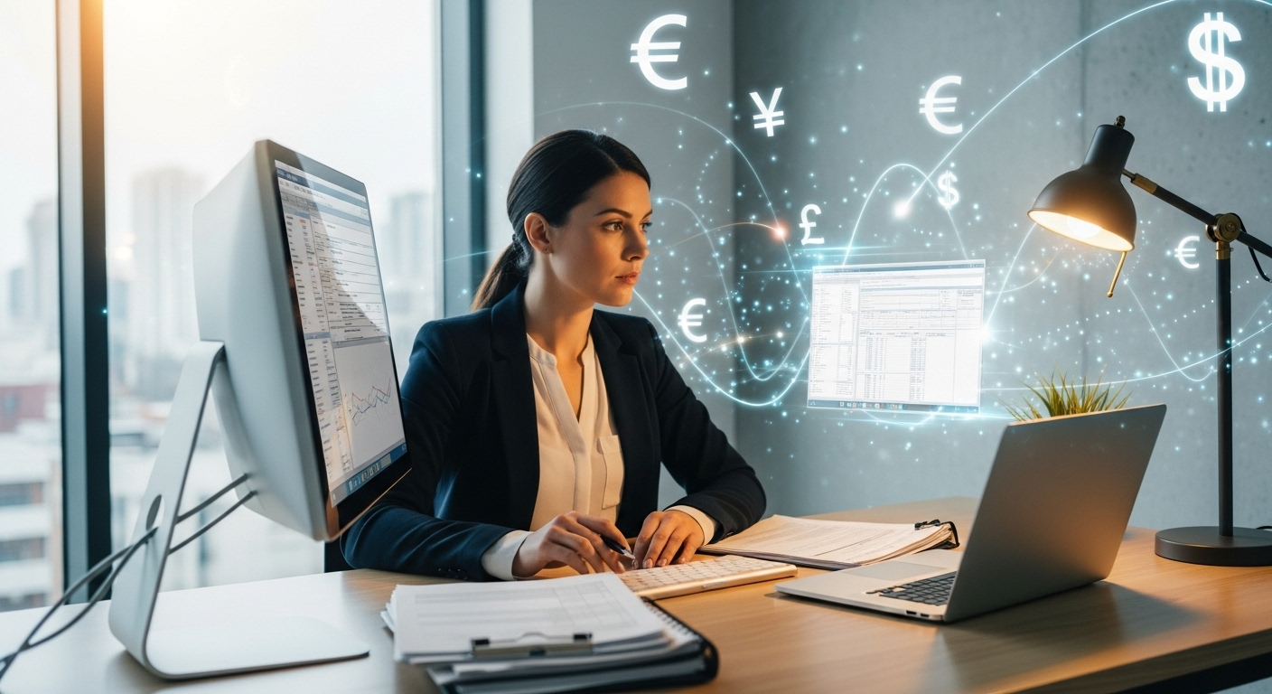 A professional female accountant in a modern office, meticulously reviewing tax documents and a laptop, with international currency symbols subtly integrated into the background. Photorealistic, focused, clean lighting.