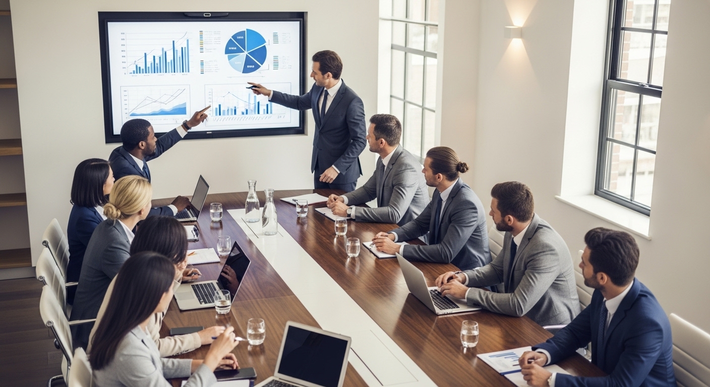 A diverse group of business professionals from different countries having a serious discussion around a boardroom table, looking at financial charts projected on a screen. High-angle, professional setting, bright, modern.