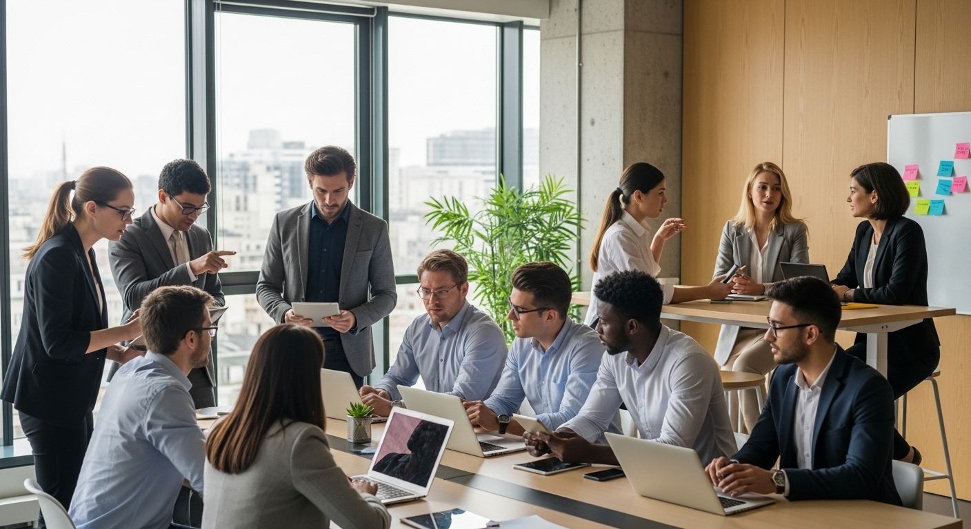 A diverse group of international business professionals in a modern co-working space, looking at laptops and discussing business. The atmosphere is collaborative and innovative. Photorealistic, bright lighting.