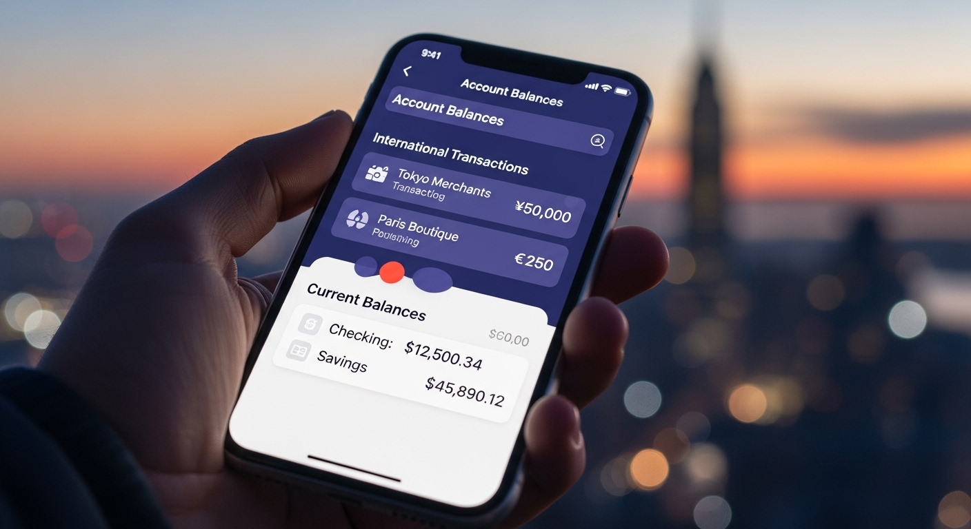 A close-up of a hand holding a smartphone displaying a banking app interface, with a blurred background of a modern cityscape at dusk. The screen shows international transactions and account balances. Photorealistic, vibrant colors.