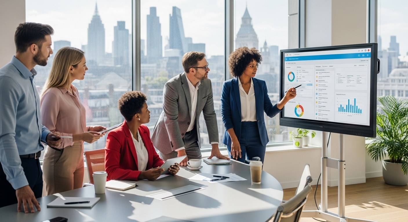 A diverse group of business professionals in a modern, light-filled UK office space, discussing a project on a large screen, professional attire, dynamic and collaborative atmosphere, photorealistic.