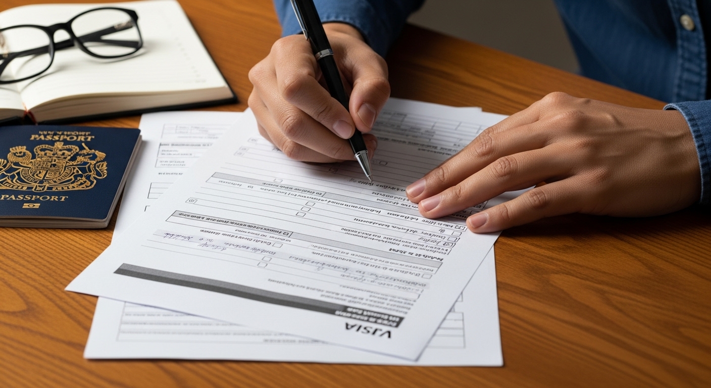 A close-up shot of hands filling out complex visa application forms, alongside a UK passport and a pen on a wooden desk, focused and meticulous, professional lighting, photorealistic.