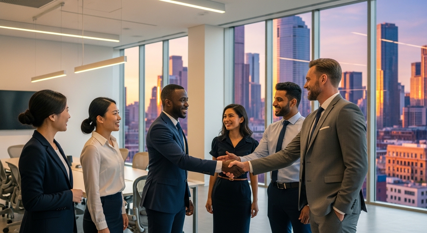 A diverse group of international business professionals shaking hands in a modern, light-filled office building with a city skyline visible through large windows, symbolizing global collaboration and opportunity. Photorealistic.