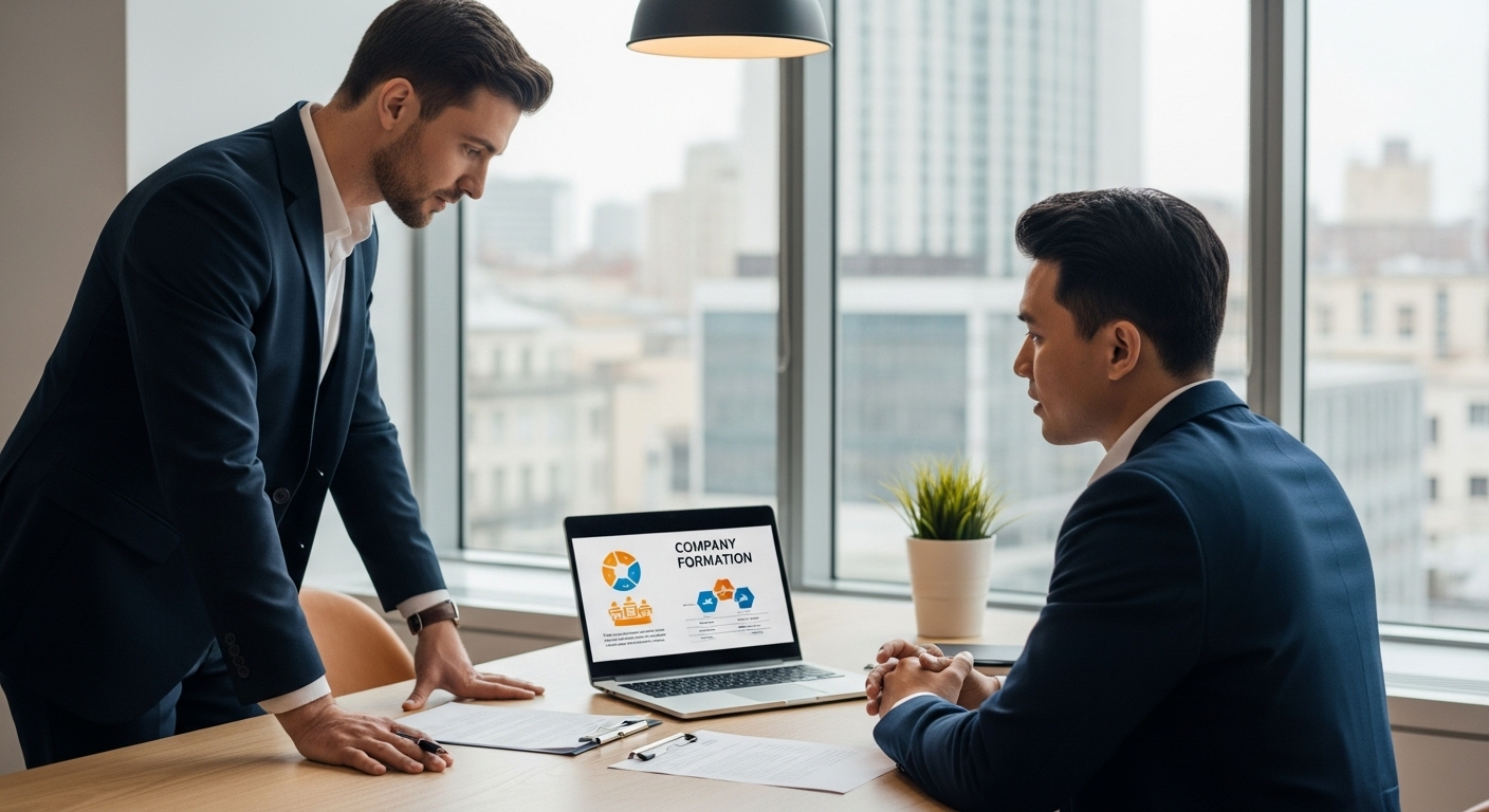 A professional business consultant explaining legal documents to a foreign entrepreneur in a modern office, a laptop open on the table, indicating guidance and support for company formation. Photorealistic.