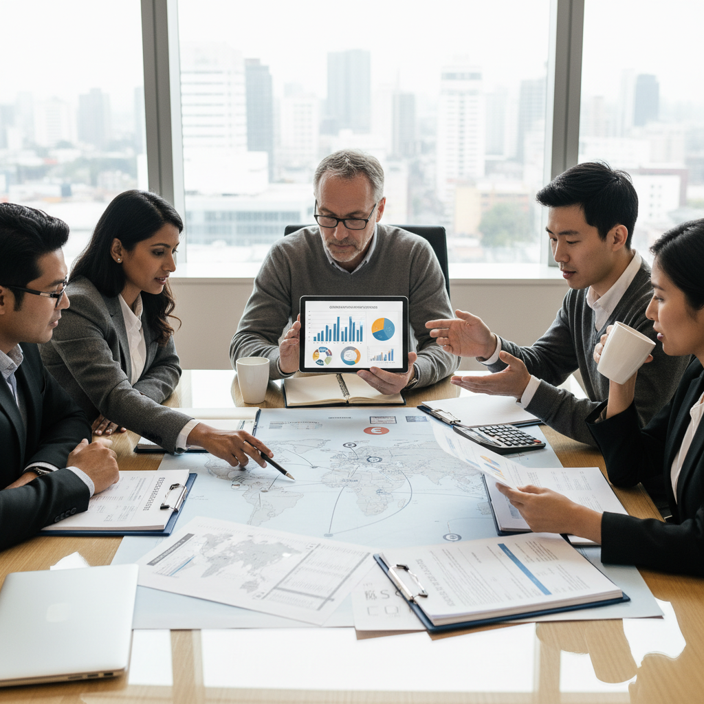 A diverse group of expat professionals from different countries, looking thoughtfully at various financial documents and a global map, representing the complexity of international finance and pension planning. Photorealistic, professional setting.