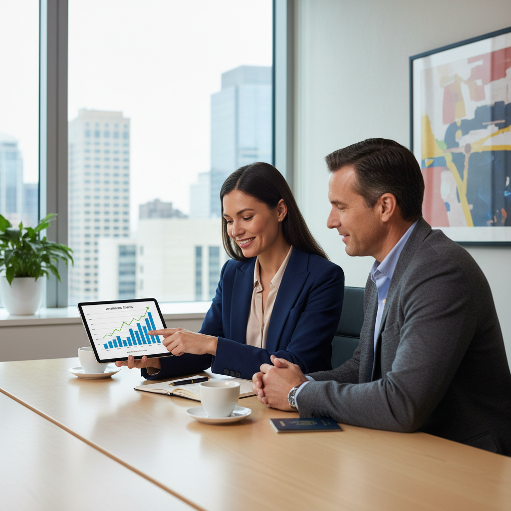 A professional female financial advisor in a modern office discussing financial strategies with a male expat client, pointing at a tablet screen displaying a graph. The atmosphere is collaborative and trustworthy. Photorealistic, natural light.