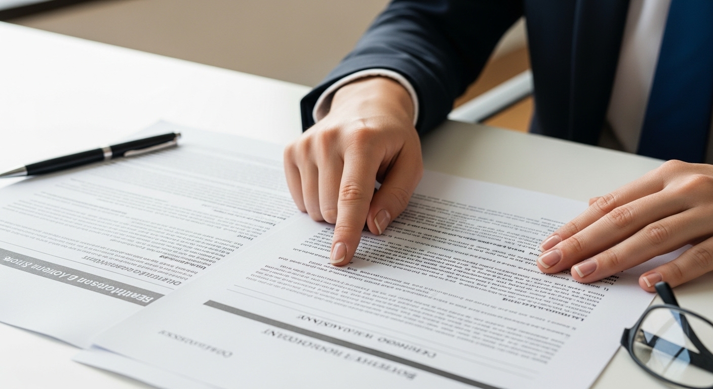 A close-up shot of a legal brief or immigration application documents being reviewed by two hands, one pointing to a specific section, in a bright, modern office. Focus on details and legal terminology. Photorealistic.