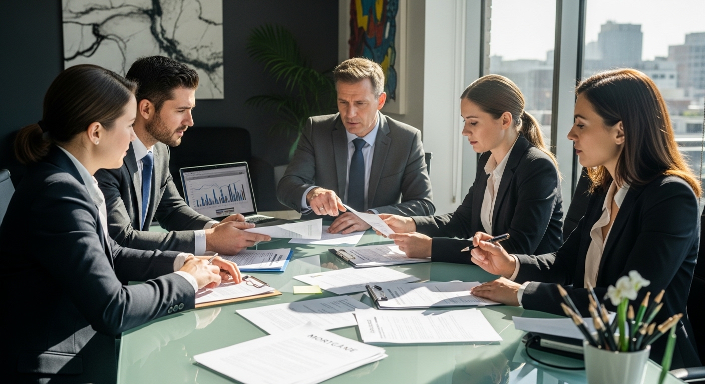 A diverse group of professionals in business attire discussing mortgage documents around a modern glass table in a sunlit office, representing expat financial planning and expert consultation, highly detailed, photorealistic.