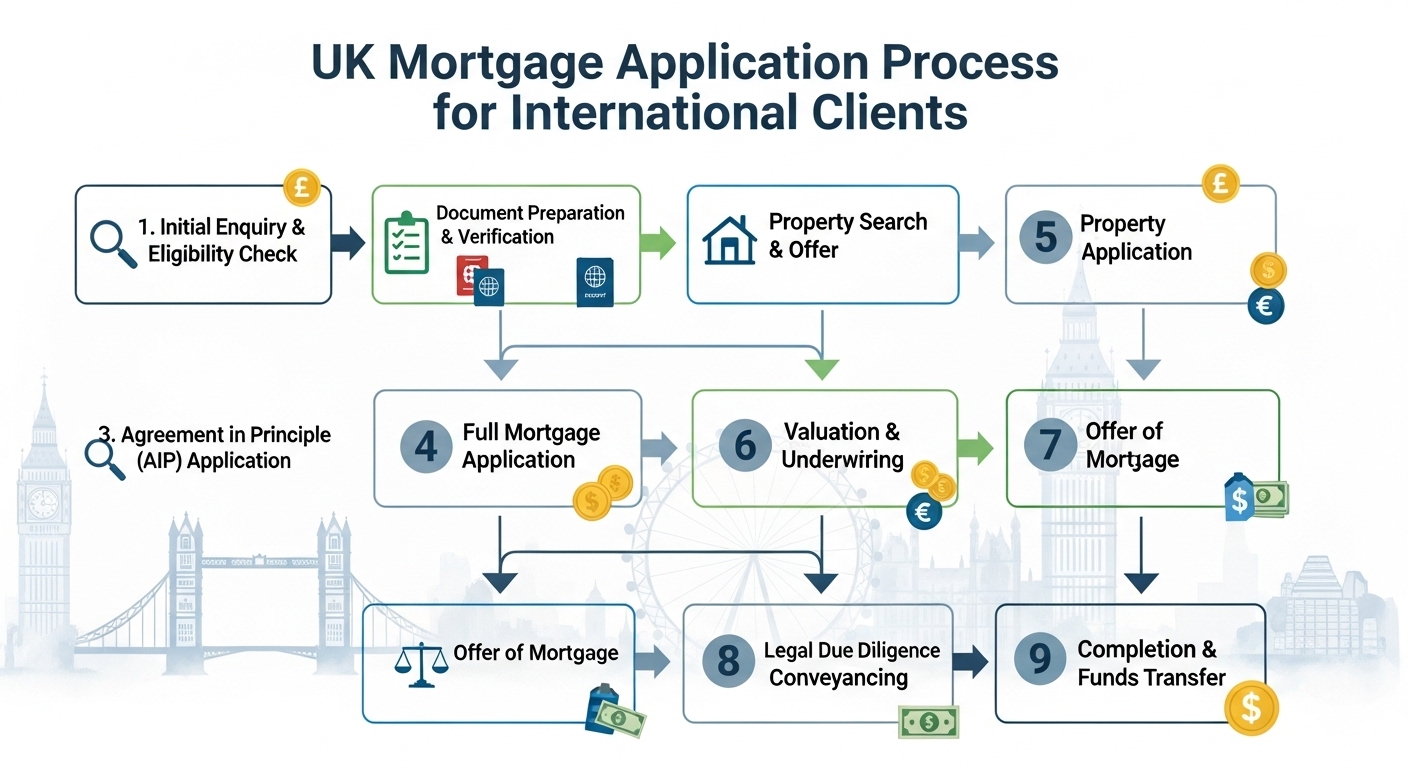 A digital infographic showcasing a clear, step-by-step flowchart of the UK mortgage application process specifically for international clients, with currency symbols and subtle UK landmarks like Big Ben and London Eye in the background, clean design, photorealistic.