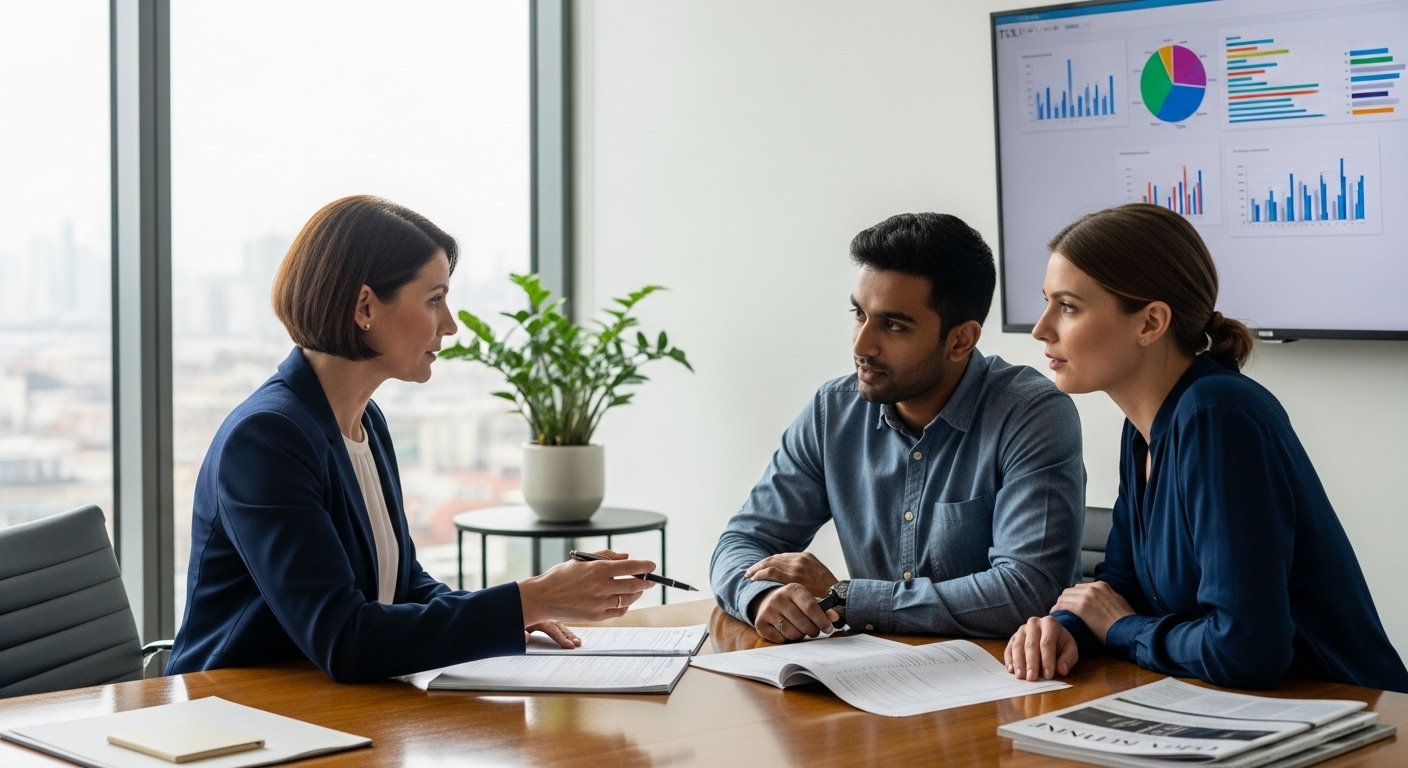 A professional financial advisor explains complex tax forms to a diverse expat couple in a modern, well-lit office, with charts and graphs on a screen in the background, photorealistic.