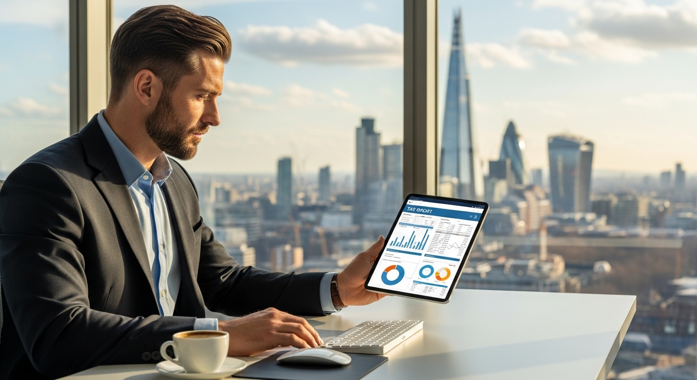 A focused expat professional sitting at a desk, reviewing a digital tax report on a tablet, with a London skyline visible through a window in the background, representing global financial management, photorealistic.