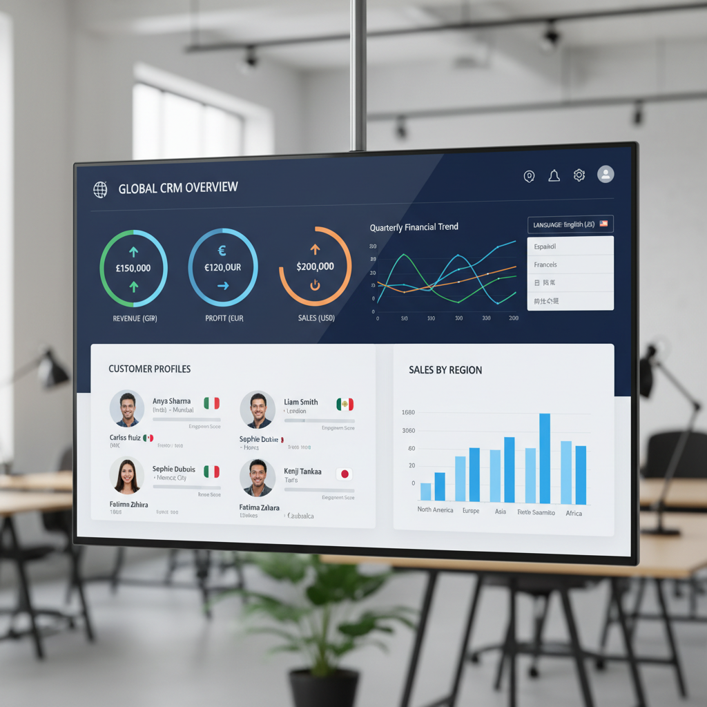 A sleek, modern CRM dashboard displaying financial data with multiple currency symbols (GBP, EUR, USD), customer profiles from various countries, and language selection options. The interface is clean and user-friendly, with dynamic charts and graphs. Photorealistic.