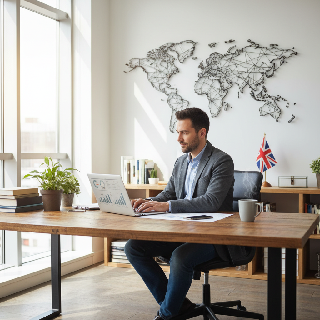 A UK expat entrepreneur in a modern, well-lit home office, confidently using a laptop to manage their international business. A subtle world map or a British flag can be seen in the background, indicating global reach and origin. Photorealistic, professional ambiance.