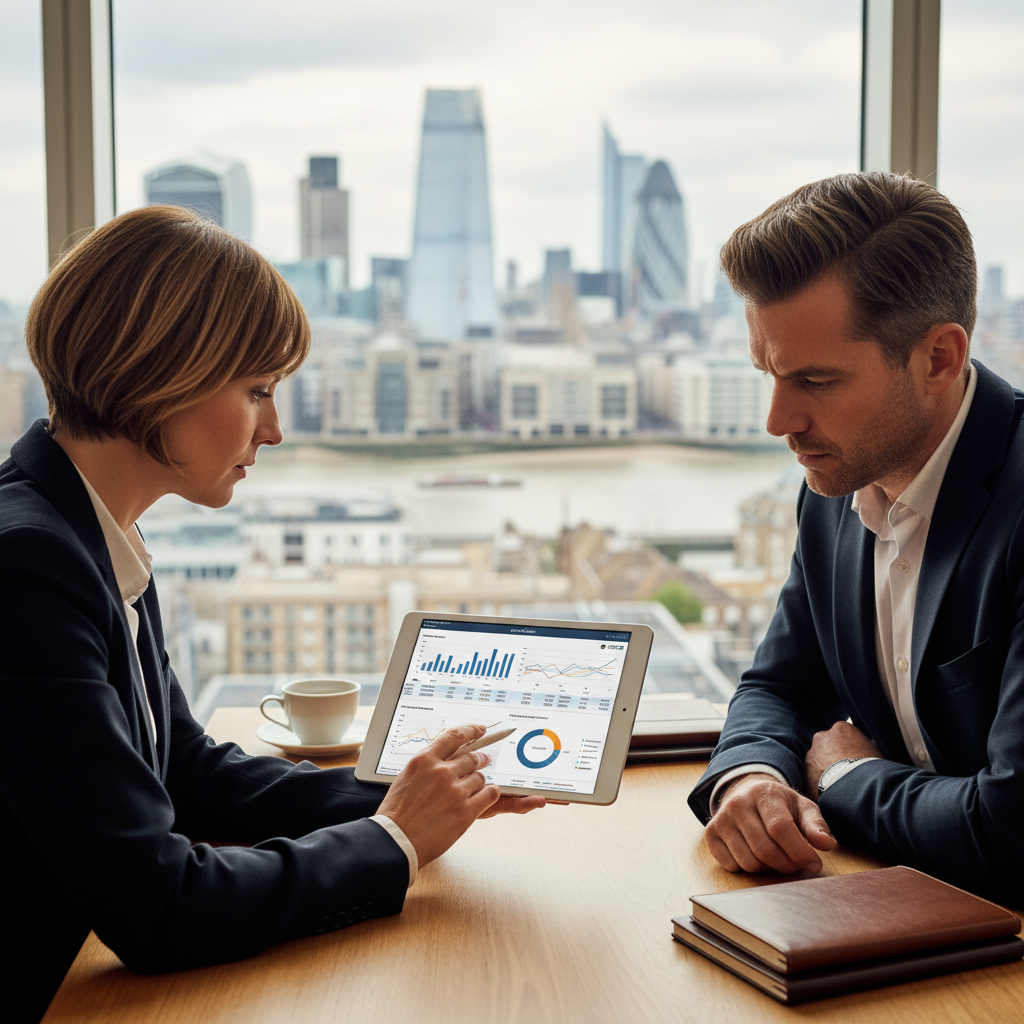 A professional expat couple reviewing investment documents on a tablet, with a blurred cityscape of London in the background, daytime, realistic, high detail.