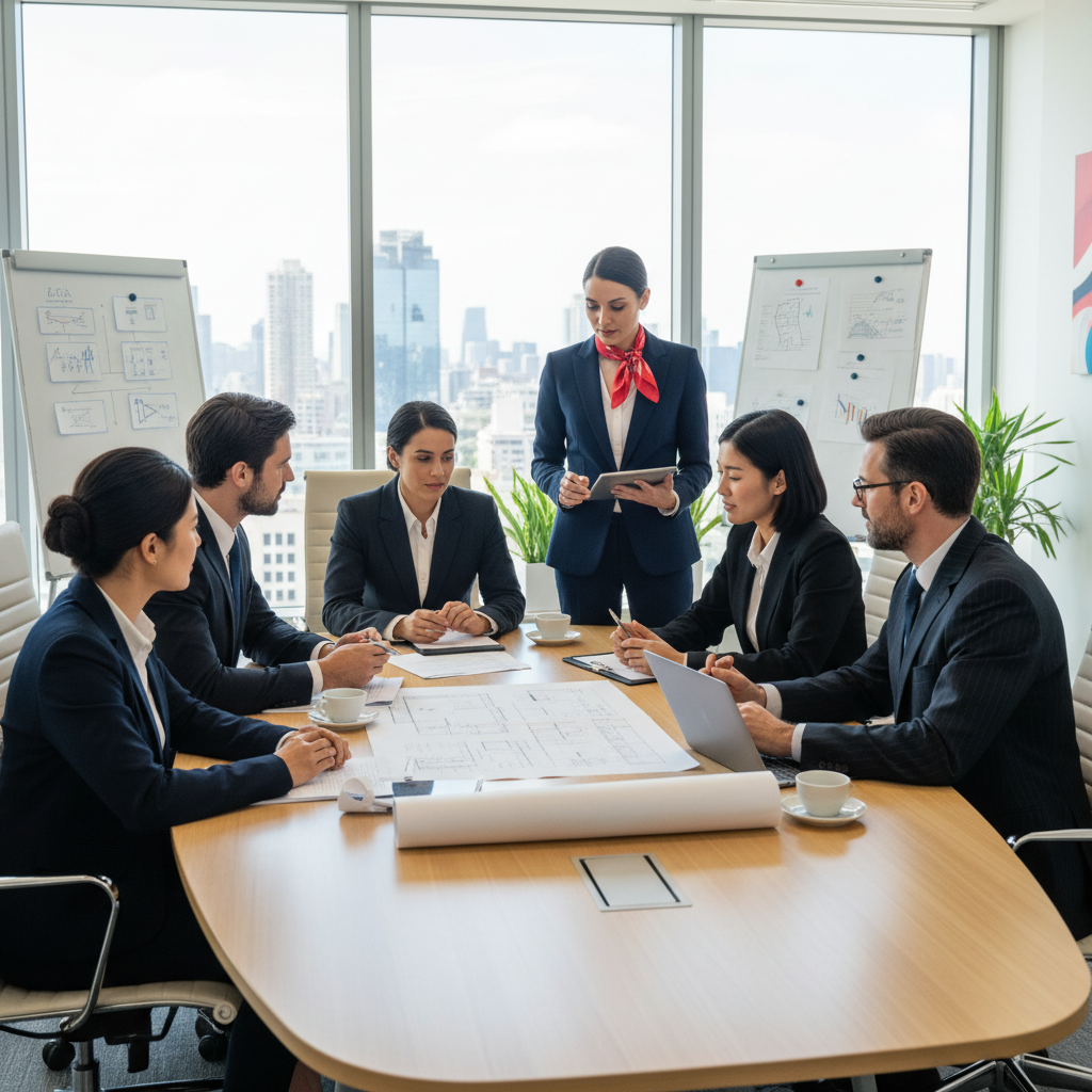 A diverse group of financial professionals, including a real estate agent and a lawyer, discussing property documents around a conference table in a modern office, bright and professional setting, photorealistic.