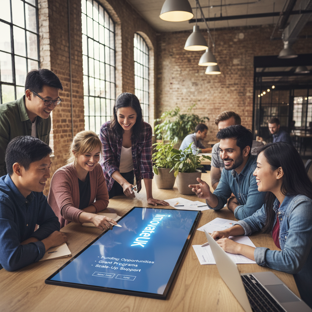 A diverse group of entrepreneurs in a modern co-working space, looking at a digital display showing 'Innovate UK' logo and funding opportunities. The atmosphere is collaborative and innovative, photorealistic.