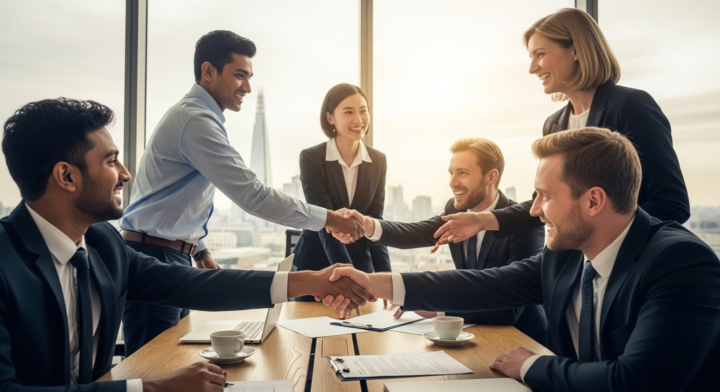 A diverse group of expat entrepreneurs shaking hands with investors in a modern office setting in London, symbolizing successful funding. Natural light, professional attire, optimistic expressions, photorealistic.